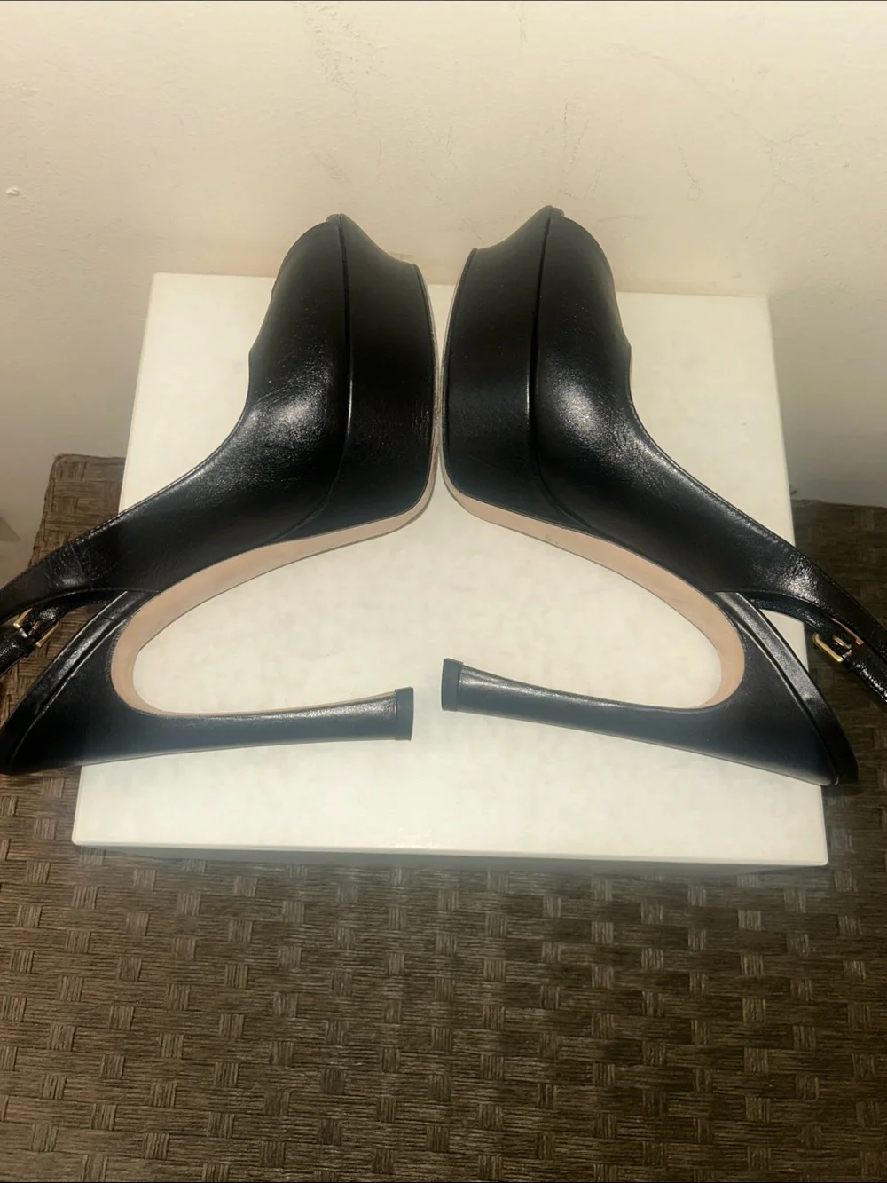 Saint Laurent Black Leather Peep-Toe Slingback Pumps with Gold YSL Logo - Picture 6 of 8